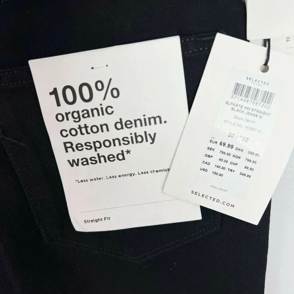 Selected Femme Kate Straight Leg Jeans With High Waist In Black NWT Size 30x32 - Picture 9 of 11